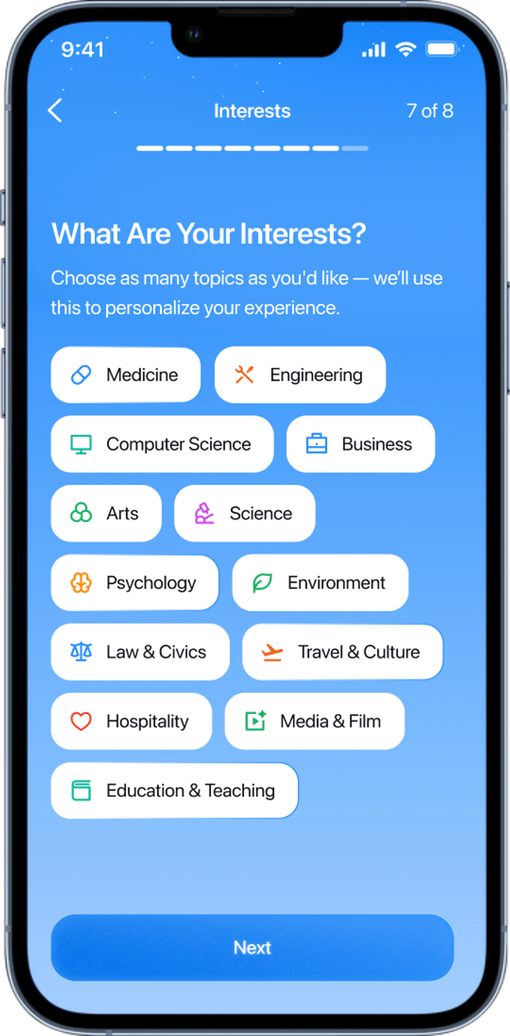 FutureFind Interests Selection Screen